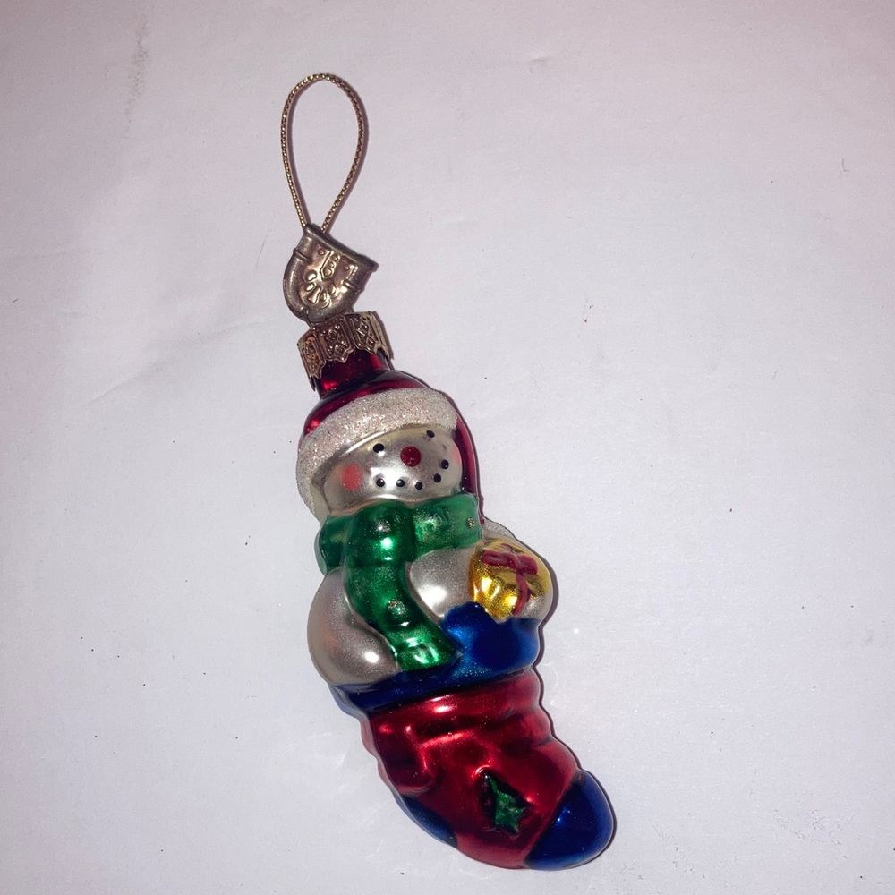 Thomas Pacconi Glass Snowman in Stocking Ornament Red, Green, Blue, Silver